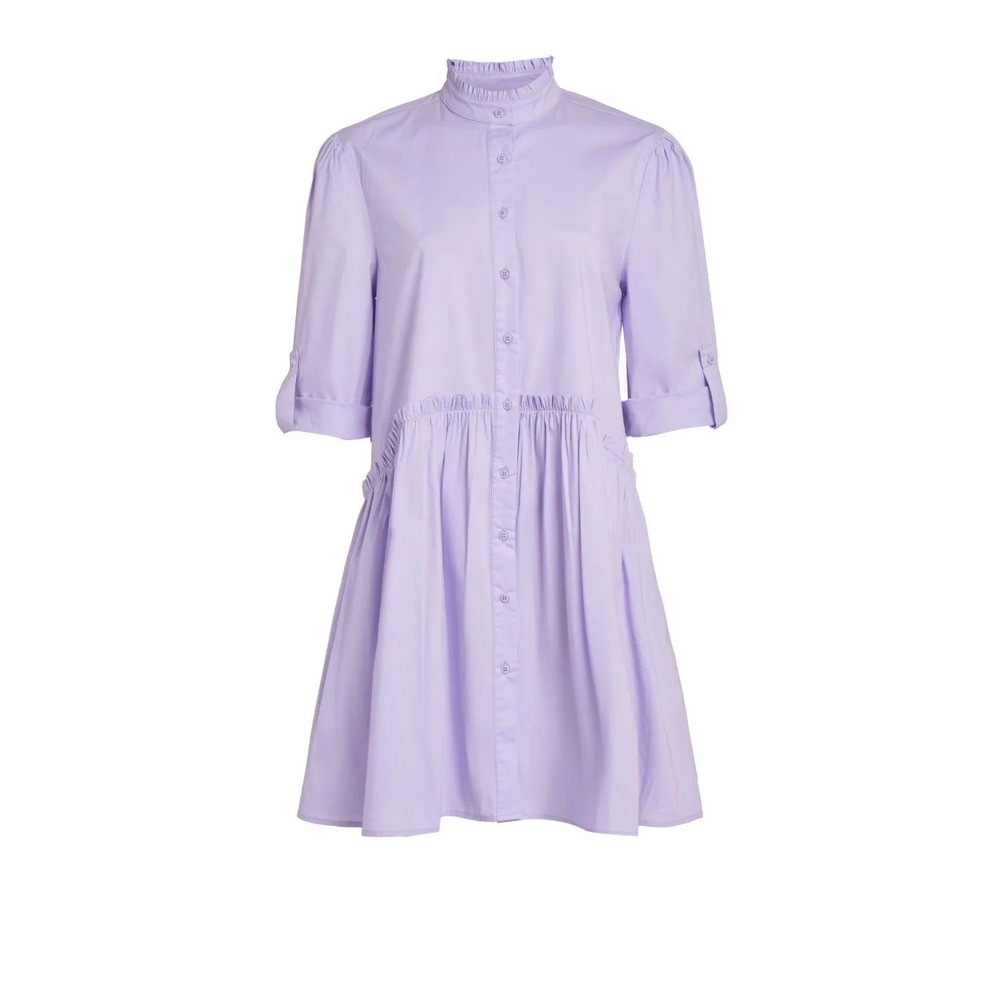 Taylor Tillman Purple Cotton Poplin Ruffle Collar Cammie Shirt Dress Small
